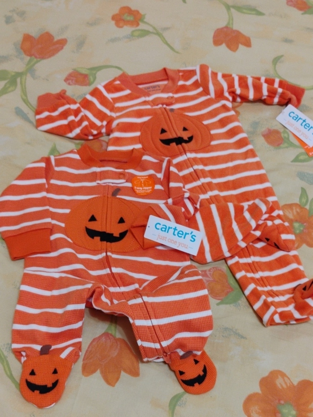 Carter's 3M Orange Striped Pumpkin Halloween One-Piece for Kids Set Of 2